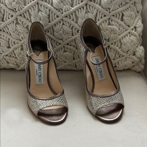 Jimmy Choo Silver Glitter Peep-Toe Heels